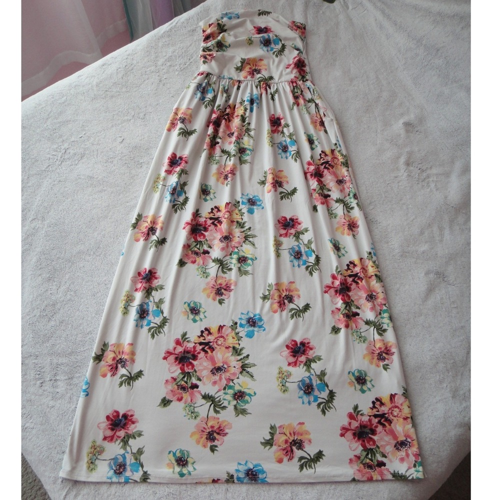 Lush Clothing Strapless Floral Maxi Dress Cream Pink Blue Pockets Size M EUC